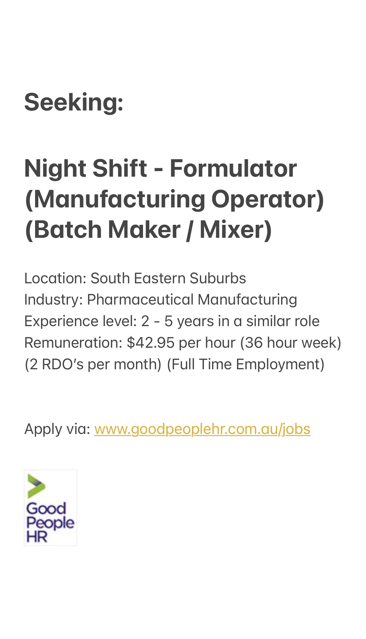 Night Shift Formulator (Manufacturing Operator) (Batch Maker / Mixer